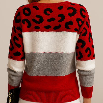 Damen Strickpullover Weich Leoparden Muster