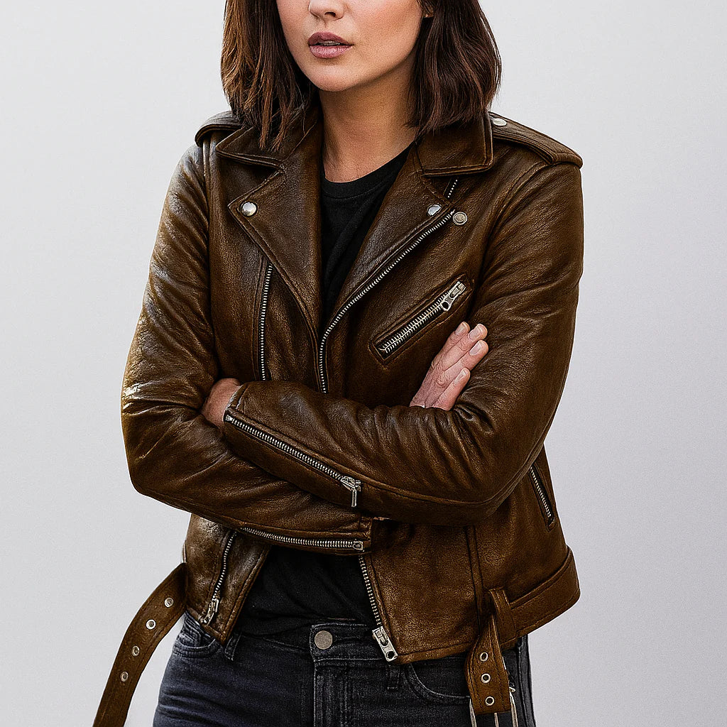 Schmale Lederjacke Damen Biker Style - IdealeKleiden