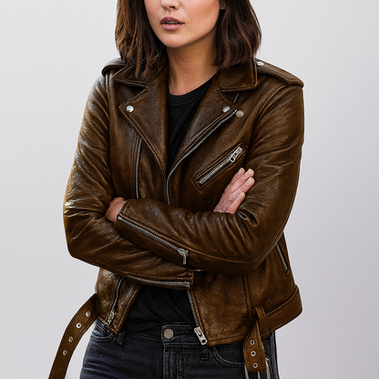 Schicke Damen Lederjacke Slim Fit Biker Style - IdealeKleiden