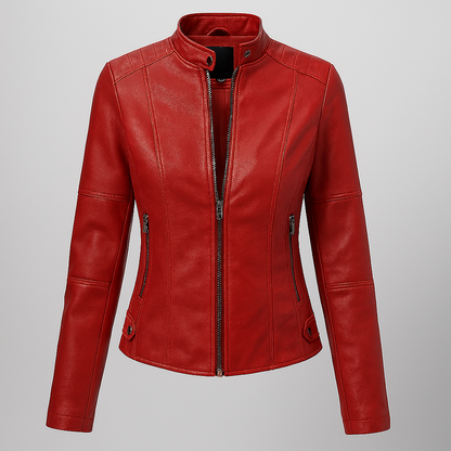 Rotes Lederjacke Damen Slim Fit Motorradstyle