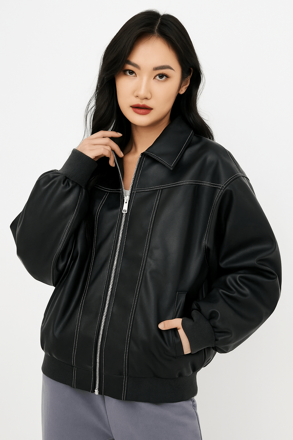 Frauen Ledermantel Große Größen Modern Design - IdealeKleiden