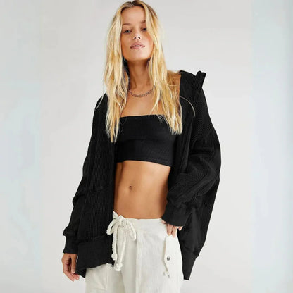 Übergroße Waffel-Strick Hoodie Damen Oversized