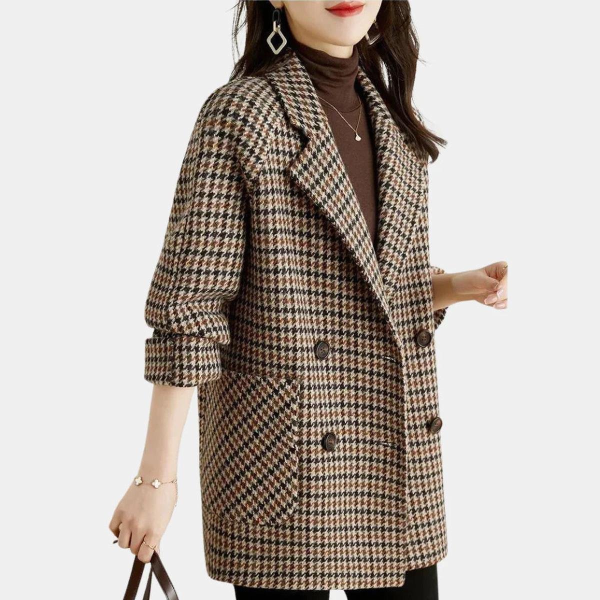 Damen Wintermantel Lang Vintage Karo-Design - IdealeKleiden
