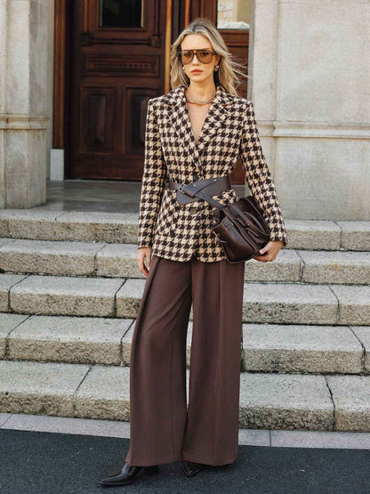 Stylischer Hahnentritt Blazer - Langärmlig mit Gürtel Detail