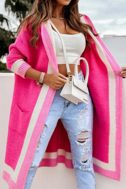 Langer Cardigan Offene Front Weiches Strick Rippbündchen mit Taschen →  Damen Cardigan Lang Weich Mit Taschen