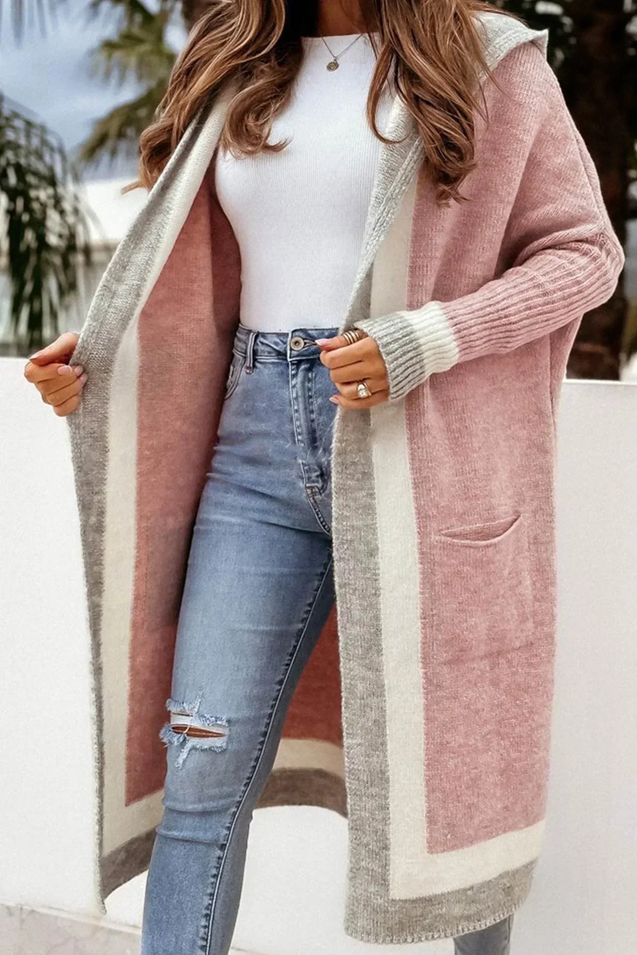 Lange Strickjacke Damen Kapuze Offen