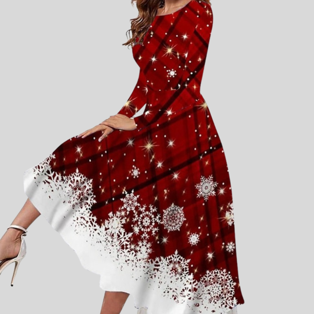 Weihnachtskleid Damen Karomuster Schneeflocken Elegant - IdealeKleiden