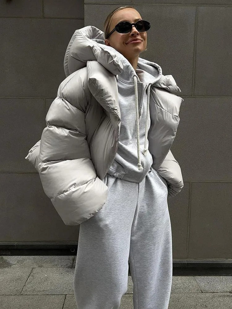 Wattierte Damenjacke Kapuze - Kurze Daunenjacke Warm
