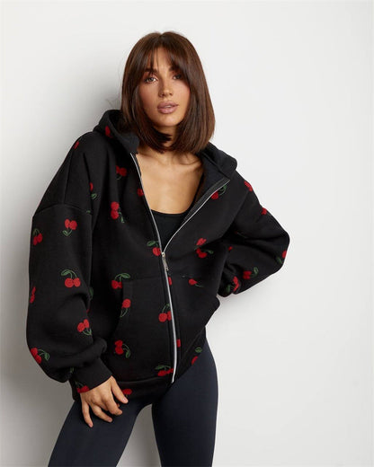 Damen Sweatshirt Kapuze Kirschmuster Trendy