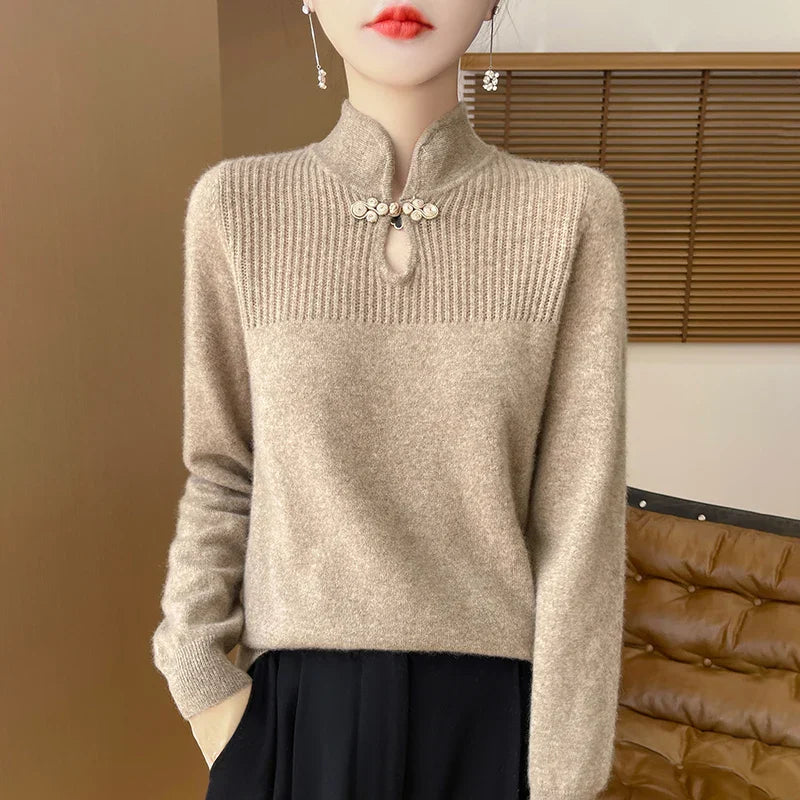 Merinowoll Kleid Elegant Mandarin Kragen
