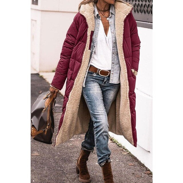 Kuschel Fleece Mantel Damen Kapuze