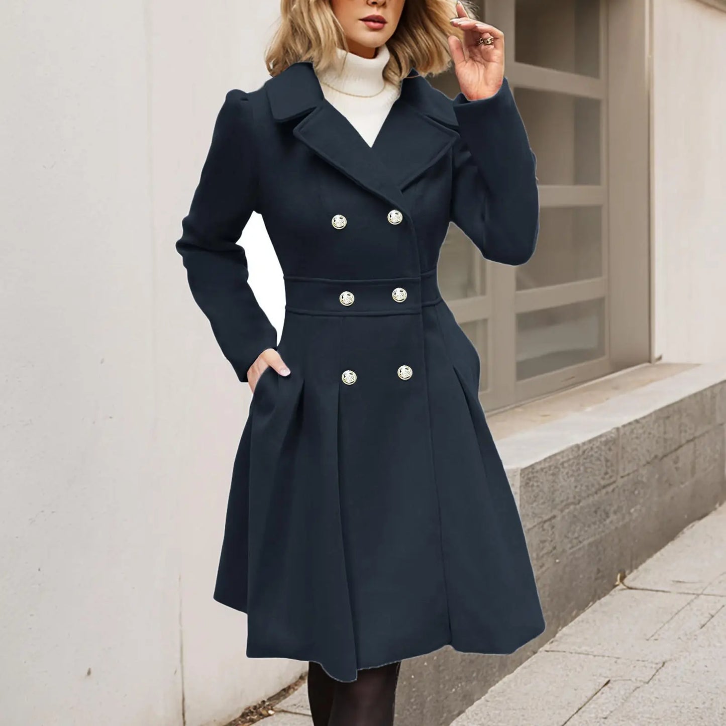 Eleganter Damen Wintermantel Doppelreihe GoldKnöpfe