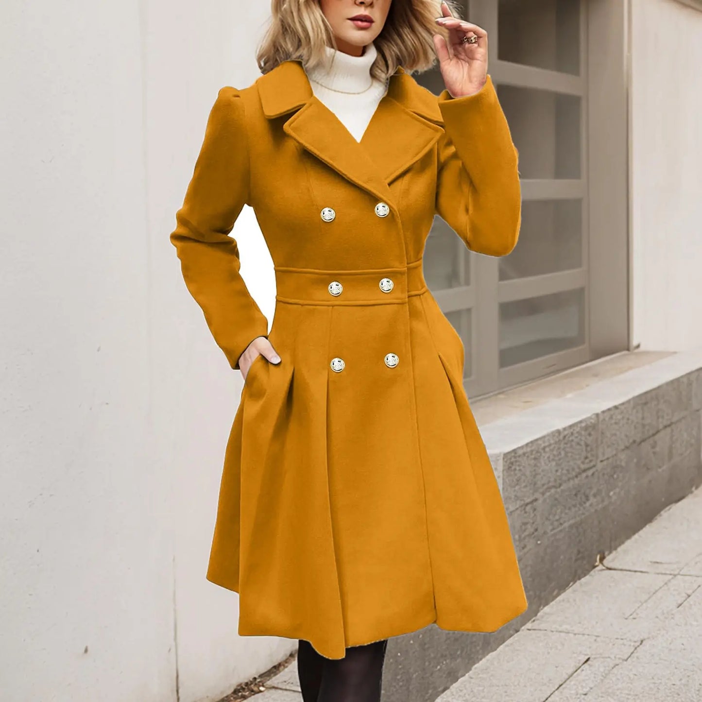Eleganter Damen Wintermantel Doppelreihe GoldKnöpfe