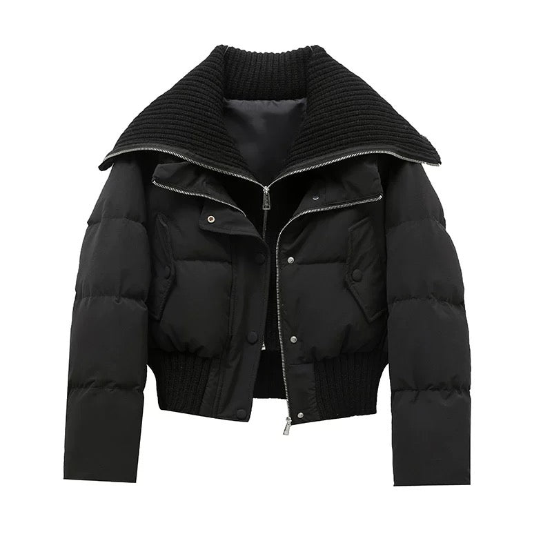 Damen Kurze Pufferjacke Warm Gepolstert Rippkragen