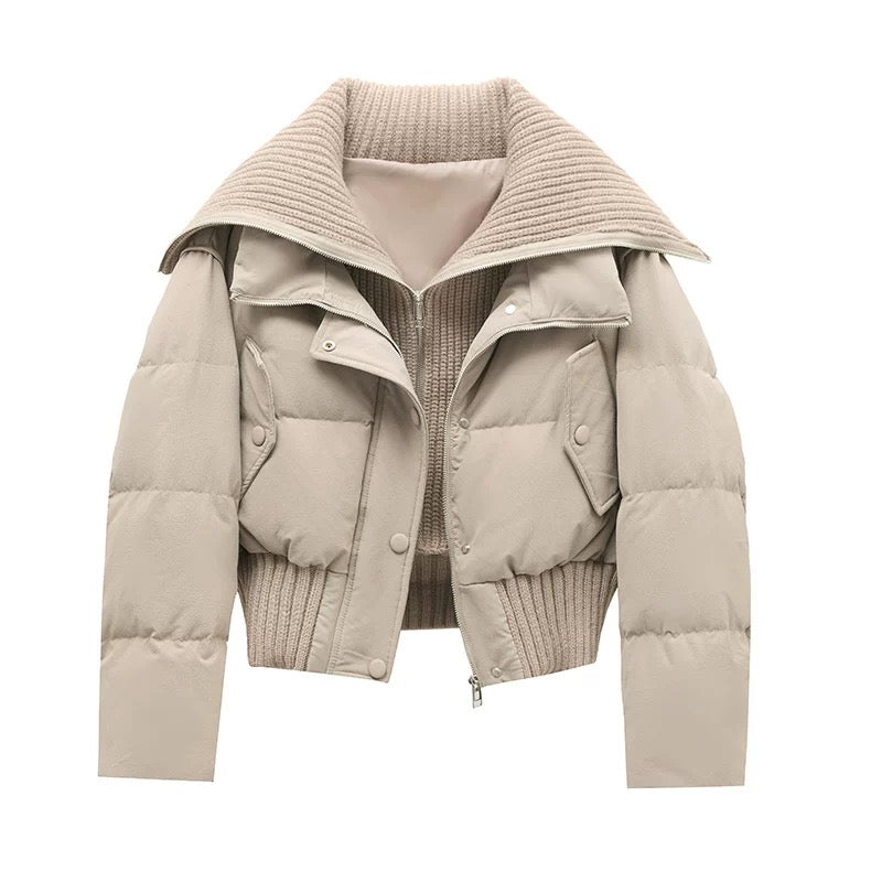 Damen Kurze Pufferjacke Warm Gepolstert Rippkragen