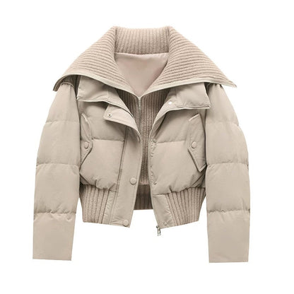 Damen Kurze Pufferjacke Warm Gepolstert Rippkragen