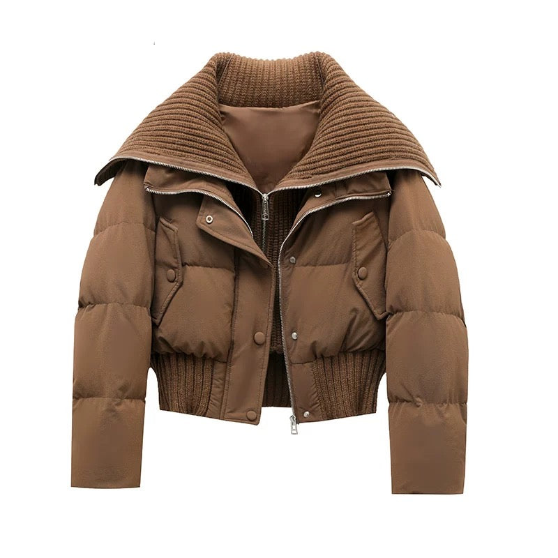 Damen Kurze Pufferjacke Warm Gepolstert Rippkragen