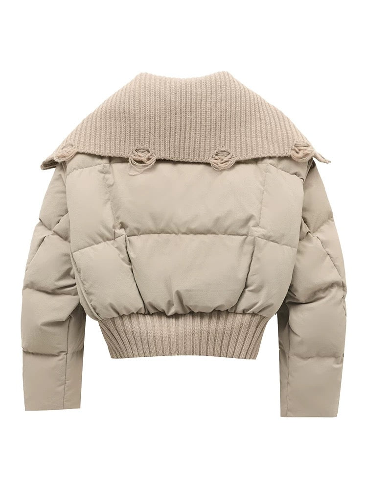 Damen Kurze Pufferjacke Warm Gepolstert Rippkragen - IdealeKleiden