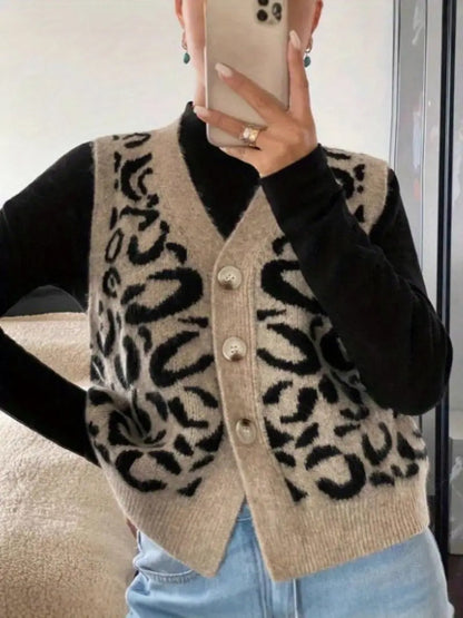 Damen Strickweste Leopardenmuster Knopfverschluss