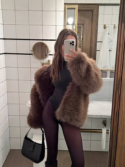Damen Kurzjacke Weiches Kunstfell Locker Fit