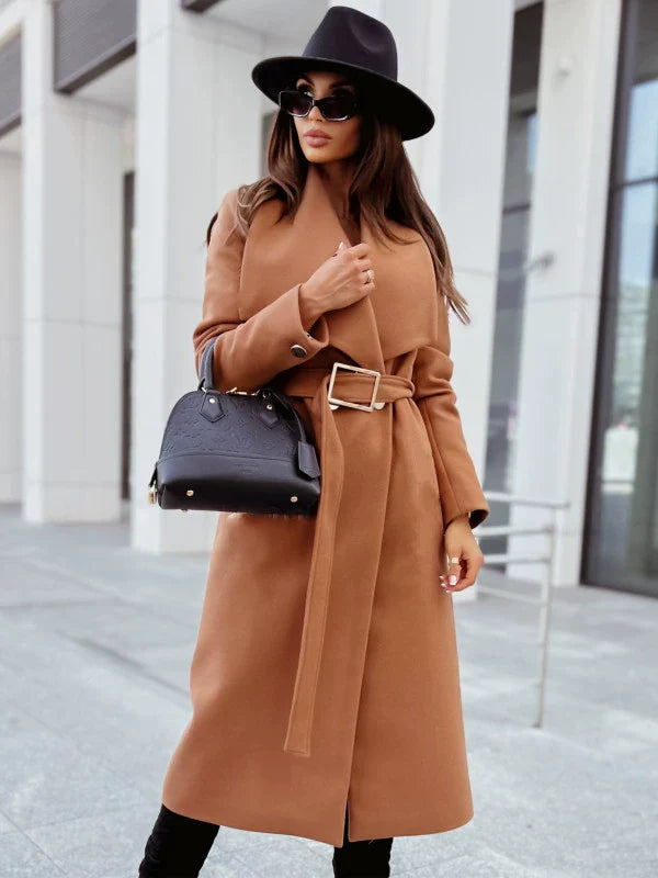 Damen Lange Wolljacke mit Gürtel und Faltenrevers
