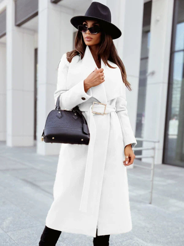 Damen Lange Wolljacke mit Gürtel und Faltenrevers