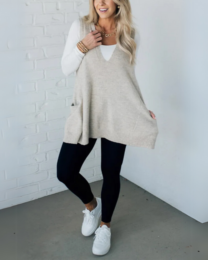 Damen Cardigan Pullover V-Ausschnitt Mit Taschen - IdealeKleiden