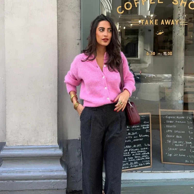Damen Cardigan Rosa Rundhals Knöpfe