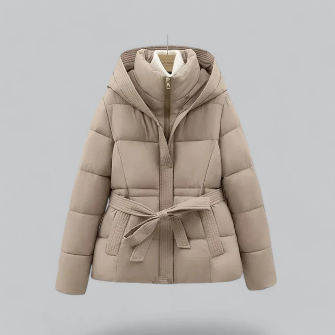 Stylische Damen Pufferjacke Mit Kapuze und Gürtel