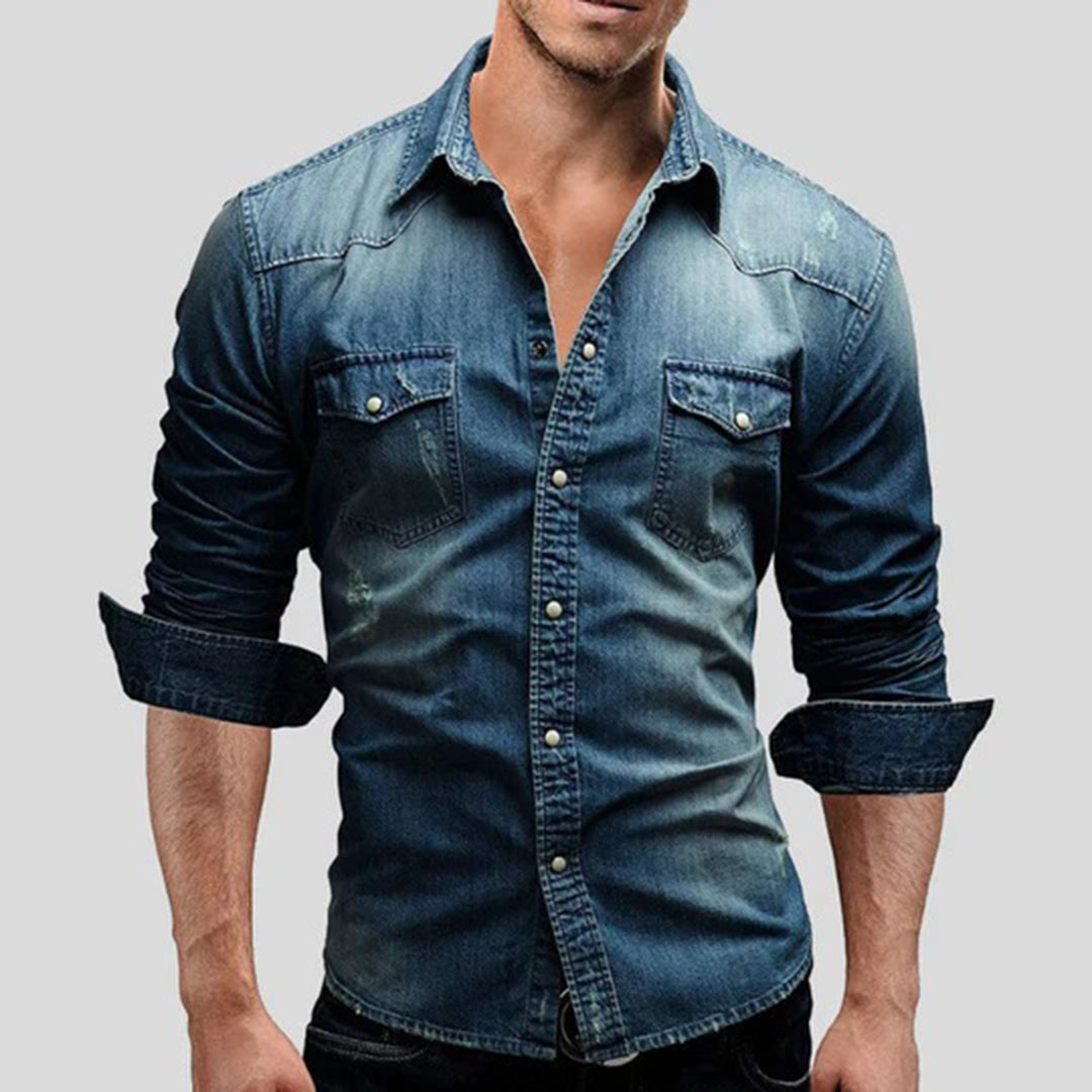 Herren Slimfit Jeanshemd Langarm Knöpfe