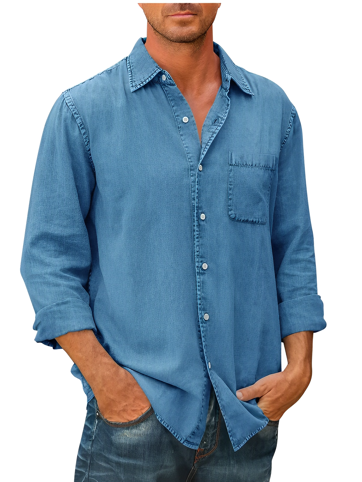 Herren Denim Hemd Langarm Modern Kragen