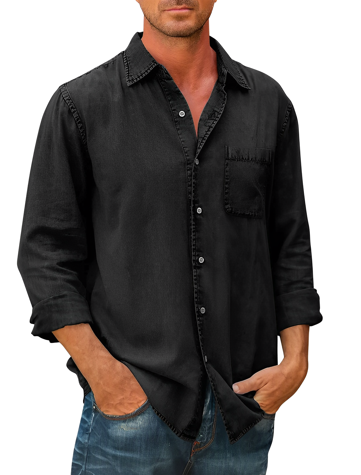 Herren Denim Hemd Langarm Modern Kragen