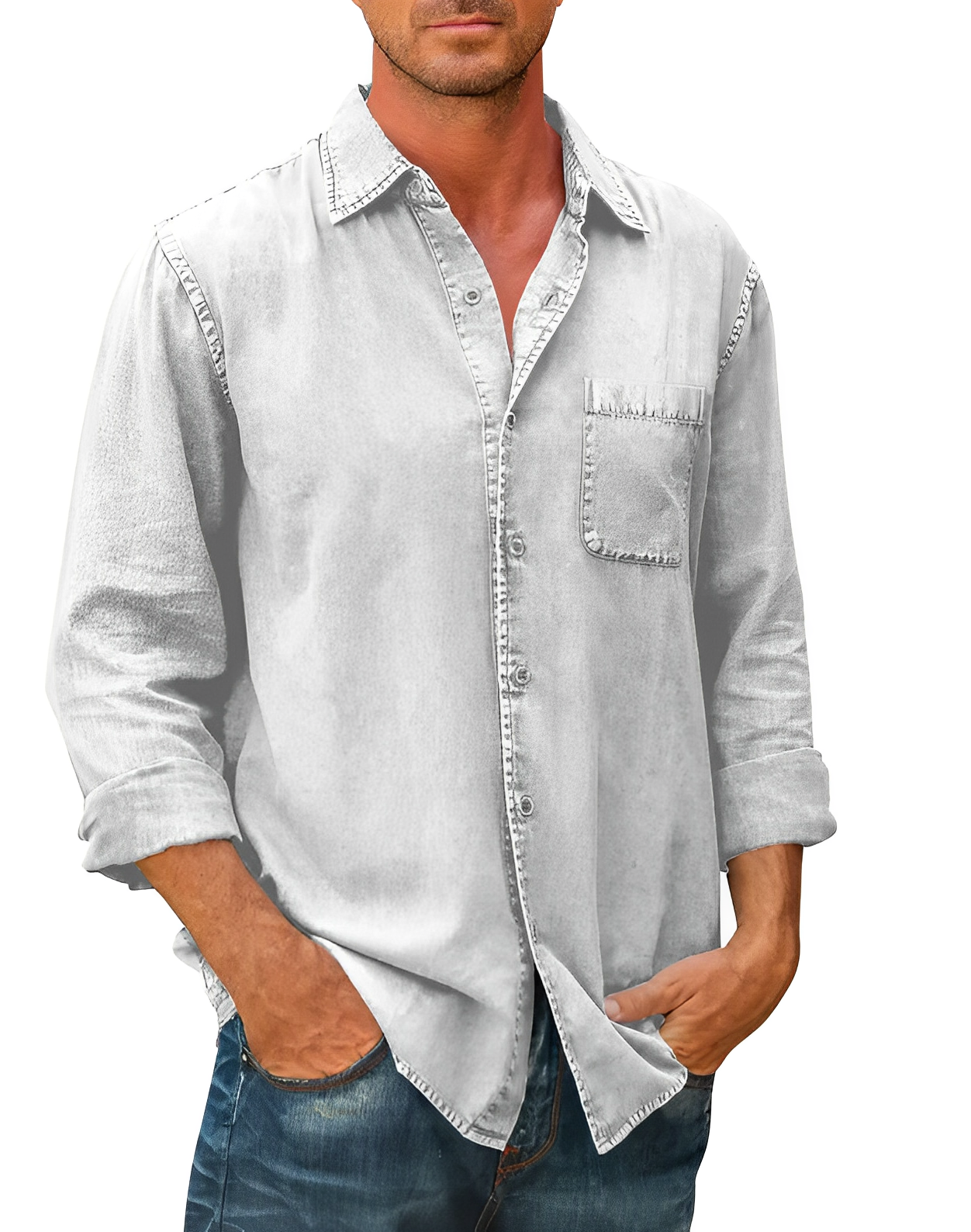 Herren Denim Hemd Langarm Modern Kragen
