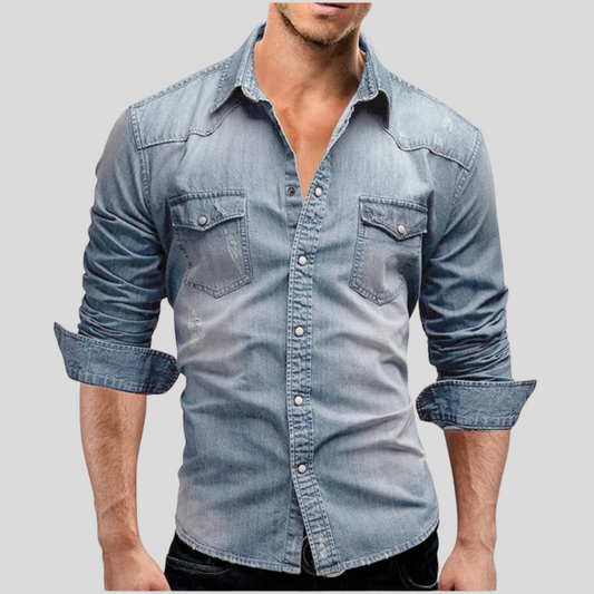 Herren Slimfit Hemd Langarm Blau Denim - IdealeKleiden