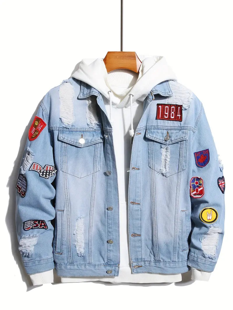 Hellblaue Jeansjacke Herren mit Patches - IdealeKleiden