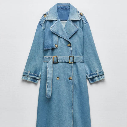 Damen Trenchcoat Lang Elegant mit Gürtel