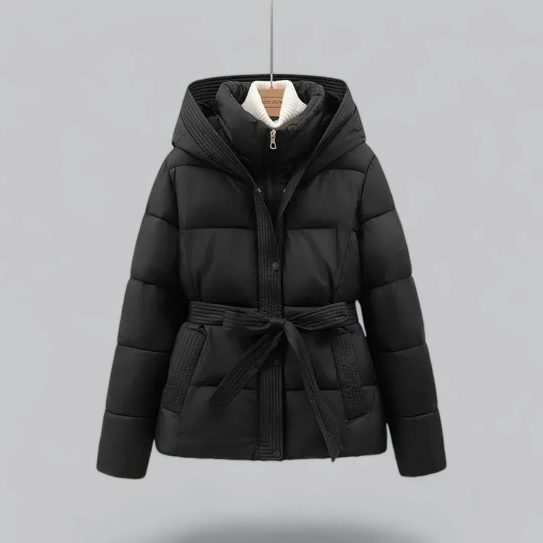 Stylische Winterjacke Kapuze Gürtel - IdealeKleiden