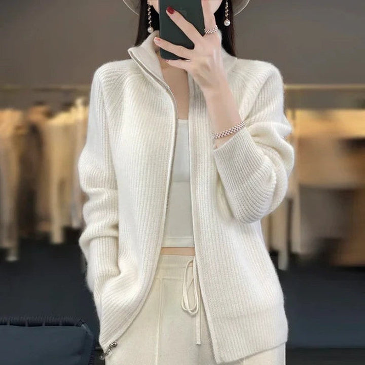 Damen Luxus Cardigan mit Reißverschluss und Stehkragen