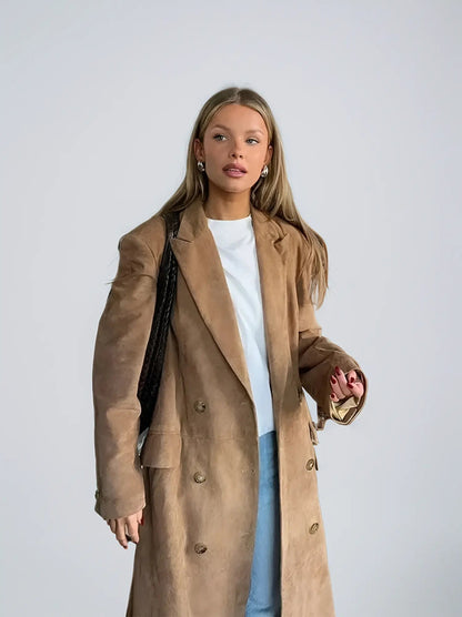 Damen Wildleder Trenchcoat Klassisch Elegent