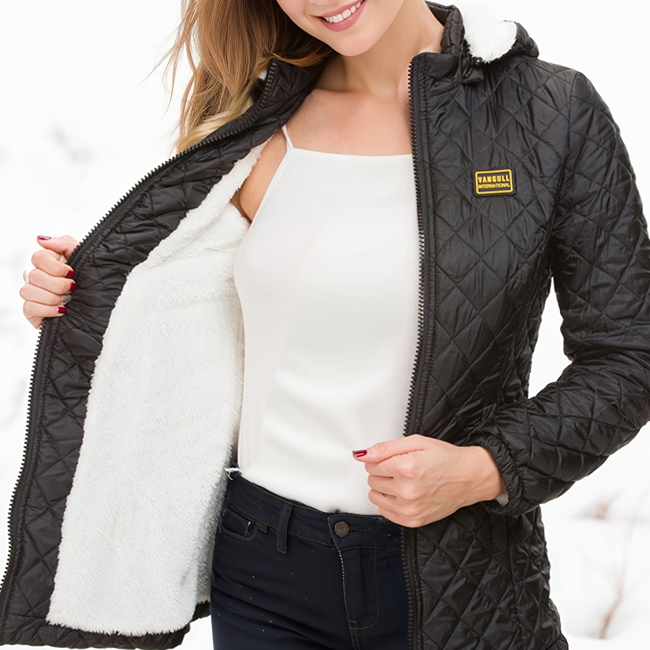 Damen Winterjacke Kurz Wattiert Mit Kapuze Fleece