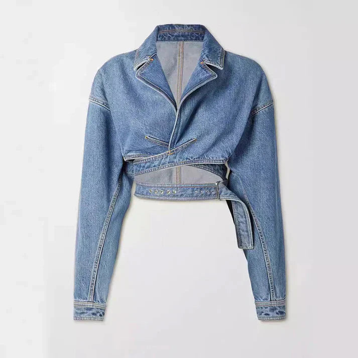 Kurze Jeansjacke Asymmetrisch Gürtel Damen - IdealeKleiden
