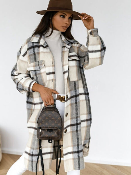 Lange Karierte Blazer Damenjacke - IdealeKleiden