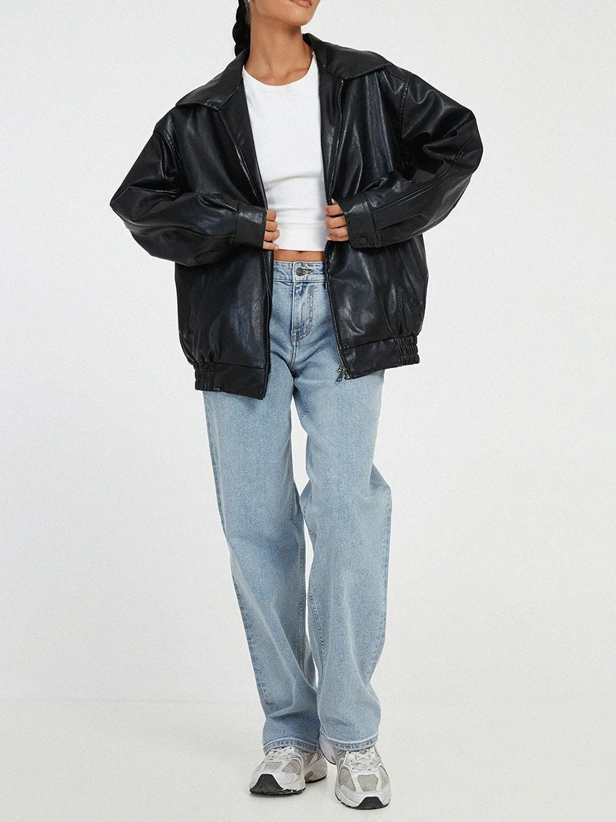 Stilvolle Lederjacke Frauen Oversized Bomber - IdealeKleiden