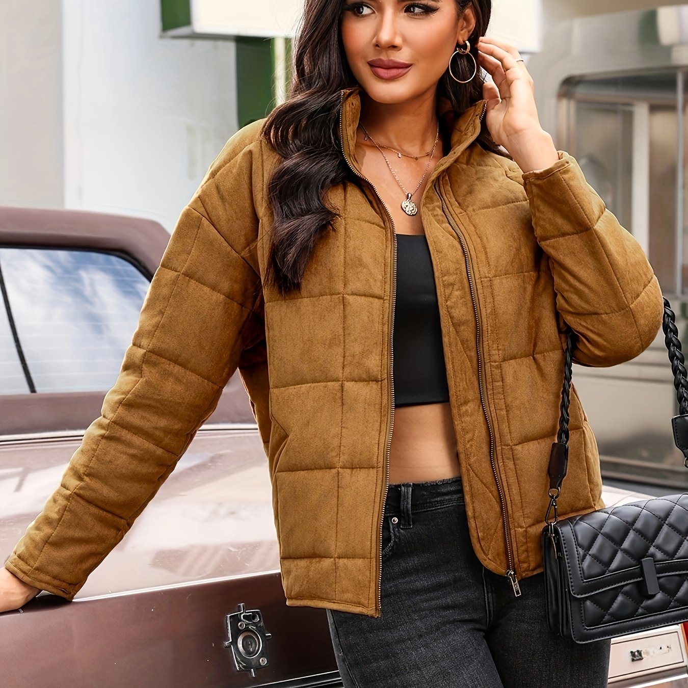 Damen Pufferjacke Kurz Gepolstert Karo Winterjacke