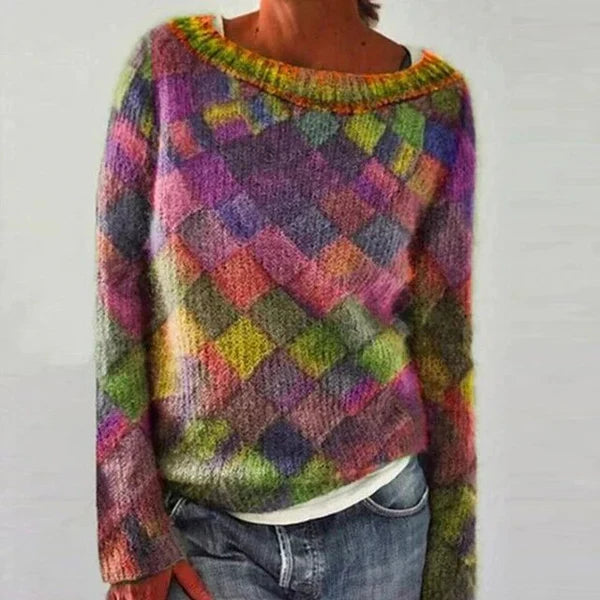 Bunter Pullover O-Ausschnitt Trendy Stil - IdealeKleiden