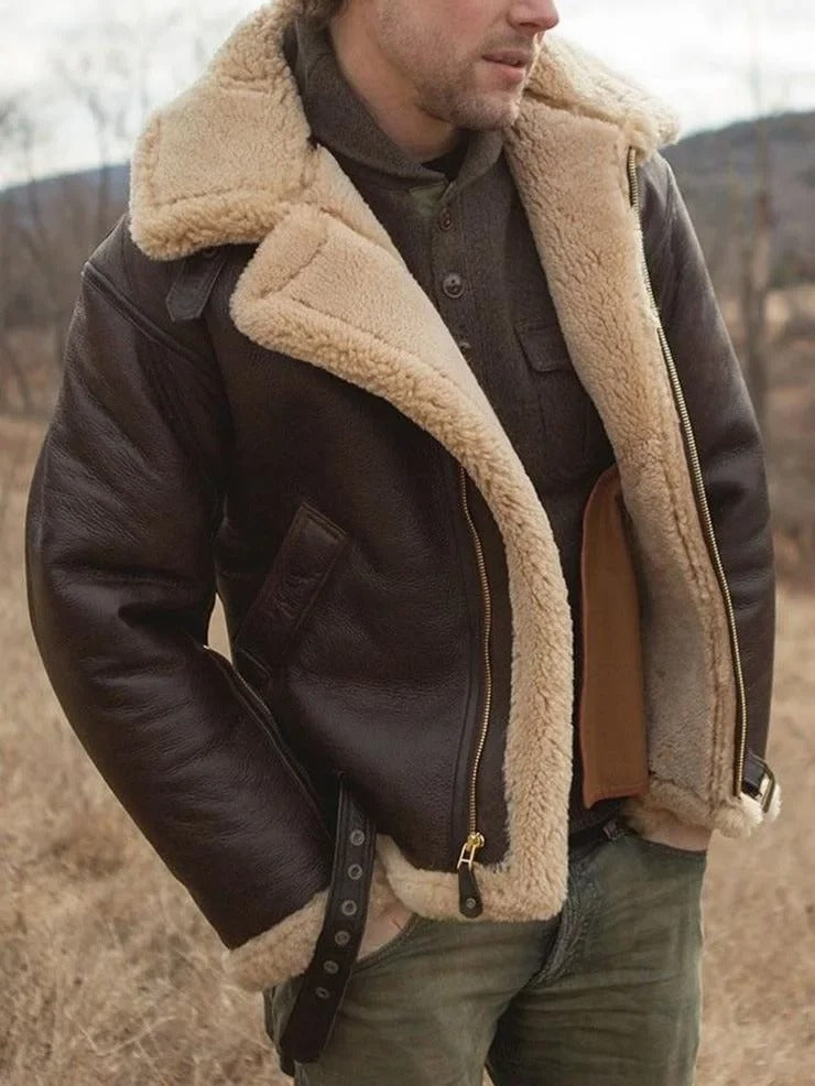 Luxus Lederjacke Vintage Style Lammfell Effekt