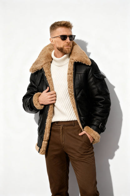 Herren Fliegerjacke Warm Gefüttert Camel Braun