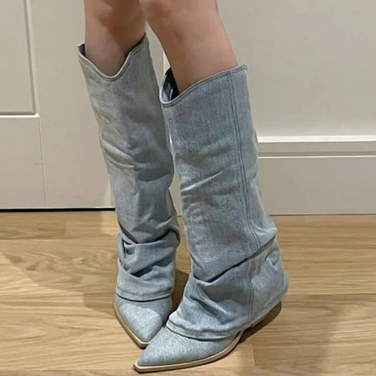 Blau Denim Stiefel Höhe Oberschenkel Trendy - IdealeKleiden