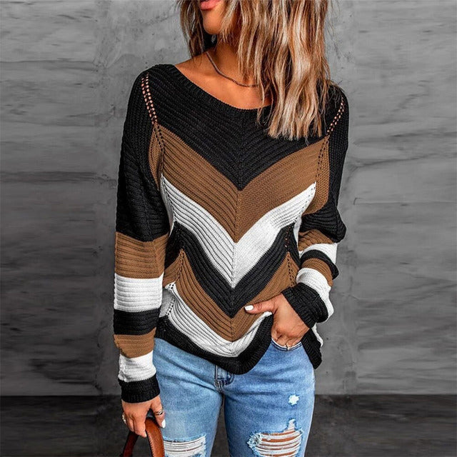 Damen Strickpullover Herbstfarben Patchwork Stil