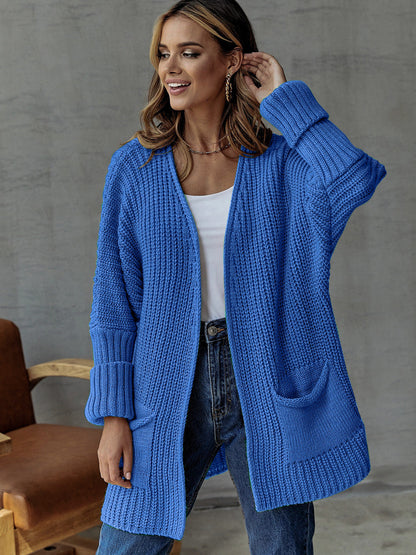 Damen Strickjacke Offen mit Taschen und Langen Ärmeln